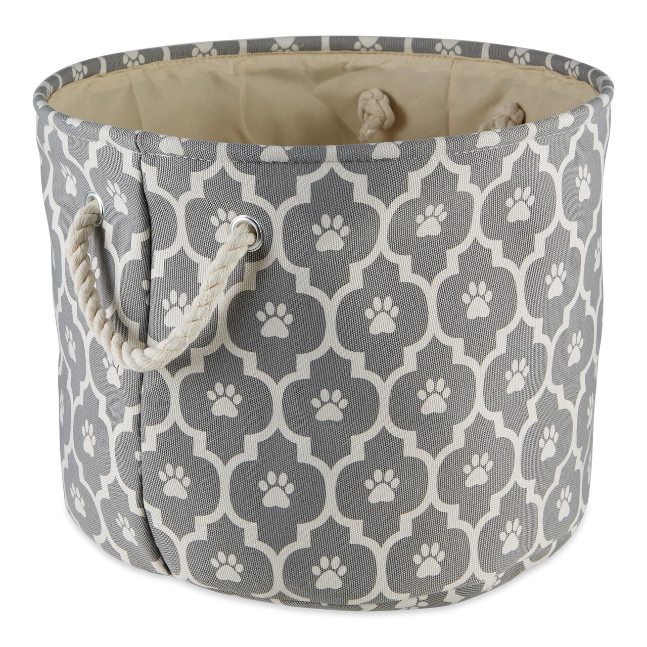Contemporary Home Living Small Lattice and Paw Pet Round Storage Bin - 12" - Gray and White